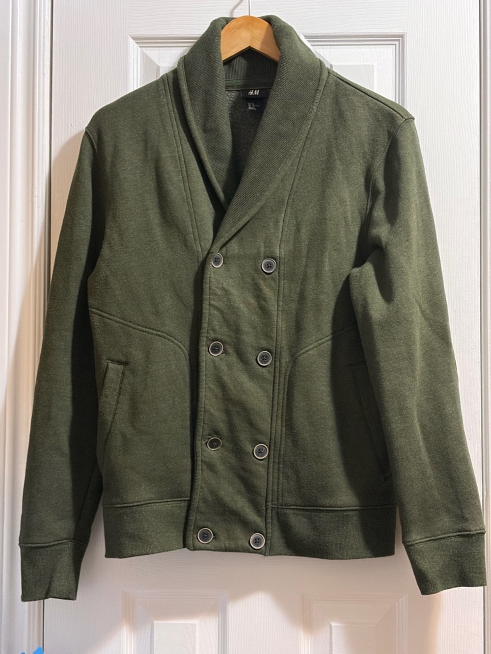 H&M Olive Shawl-Collar Double-Breasted Cozy Blazer with Elbow Patches